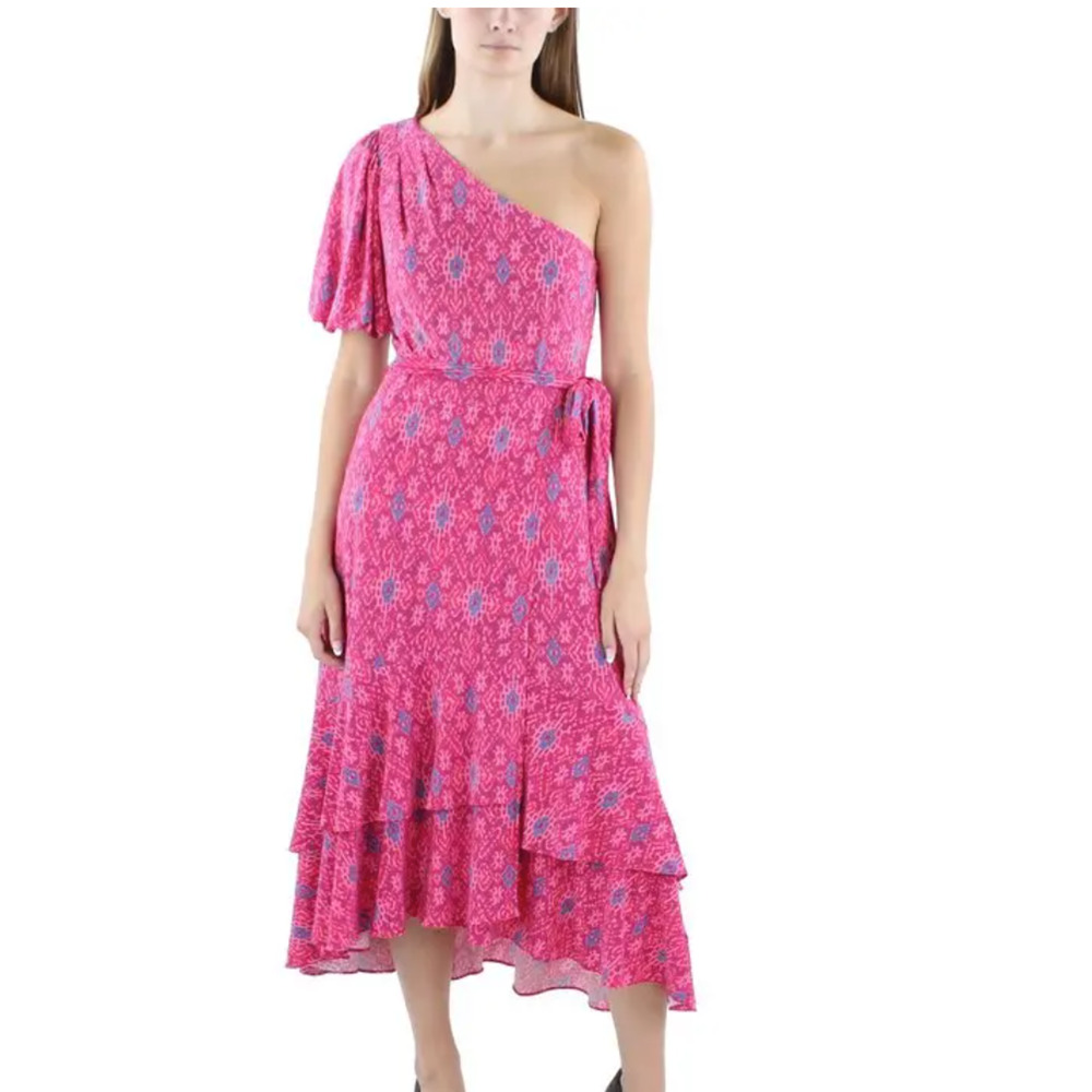 Lauren Ralph Lauren Womens Size 14 One Shoulder Dress Pink Geo Print Midi Party